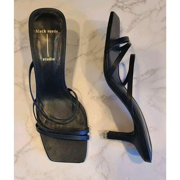 BLACK SUEDE STUDIO Felicity Women's Black Leather Heels, 2½" Y2K Strappy | 8B - Picture 5 of 15